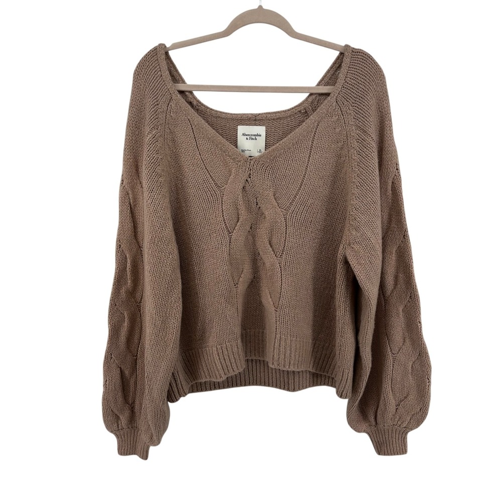 Abercrombie & Fitch Chunky Cable Knit V-Neck Balloon Sleeve Sweater XL Taupe